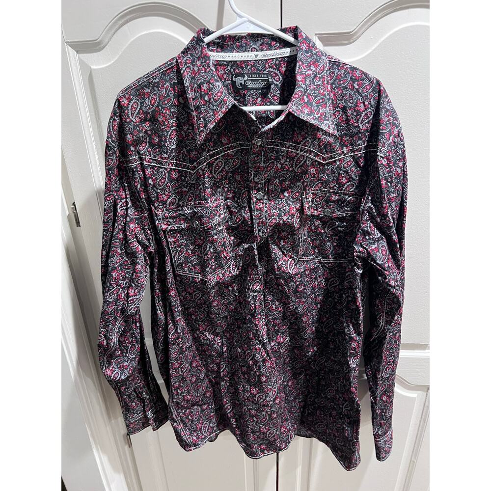 Cowboy Hardware Men’s Western Shirt L Paisley Pearl Snap Long Sleeve Black Pink